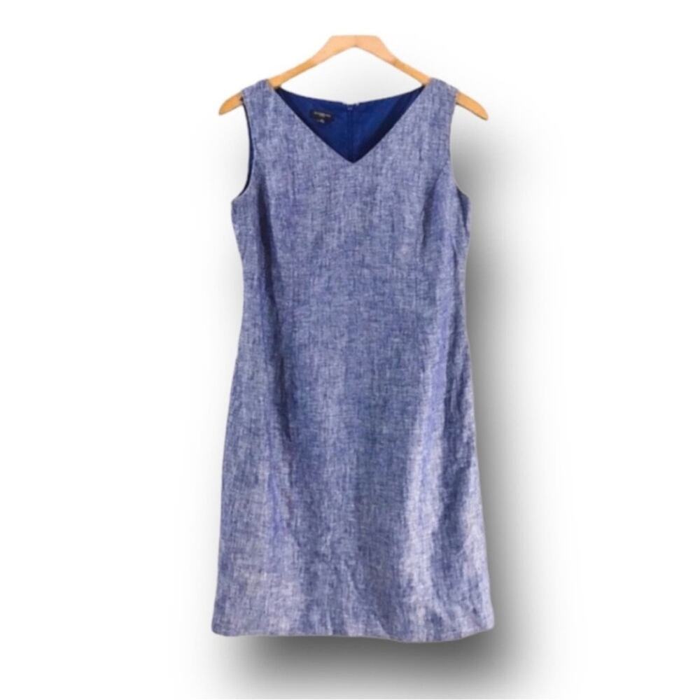 TALBOTS Blue Linen Sleeveless Sheath Dress with V Neckline SZ 4 Petite - Picture 5 of 6